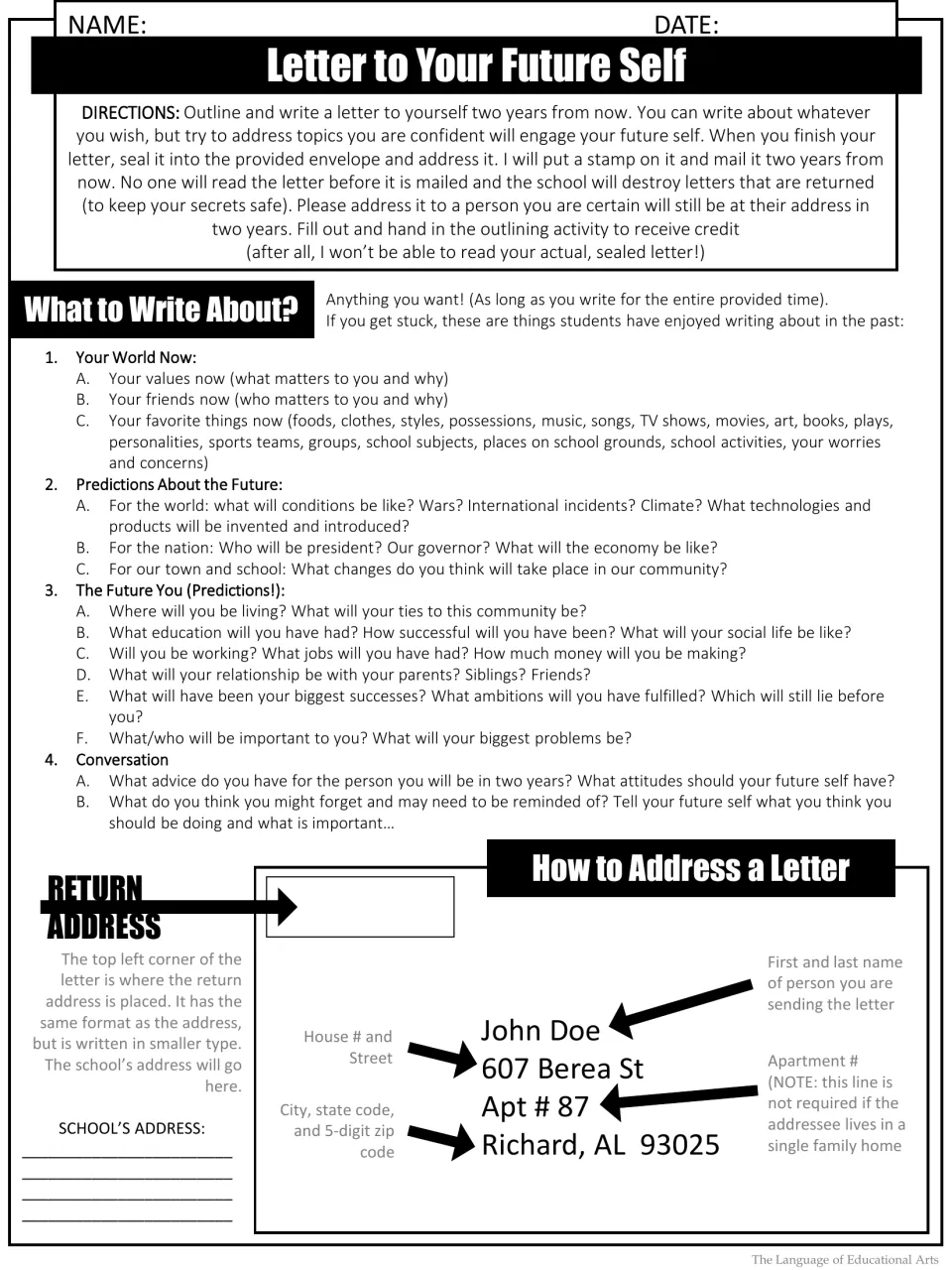 Two-year letter directions: students pick prompts on life now, predictions and advice, then learn to address a letter