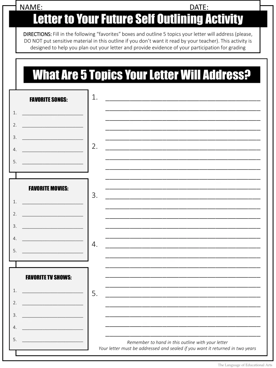 Letter planning outline: students list favorite songs, movies and TV shows and outline five topics for their letter