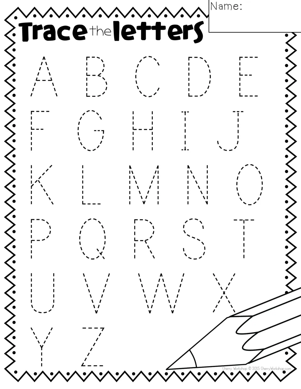 Uppercase alphabet tracing sheet featuring all 26 letters from A to Z under 'Trace the letters'.