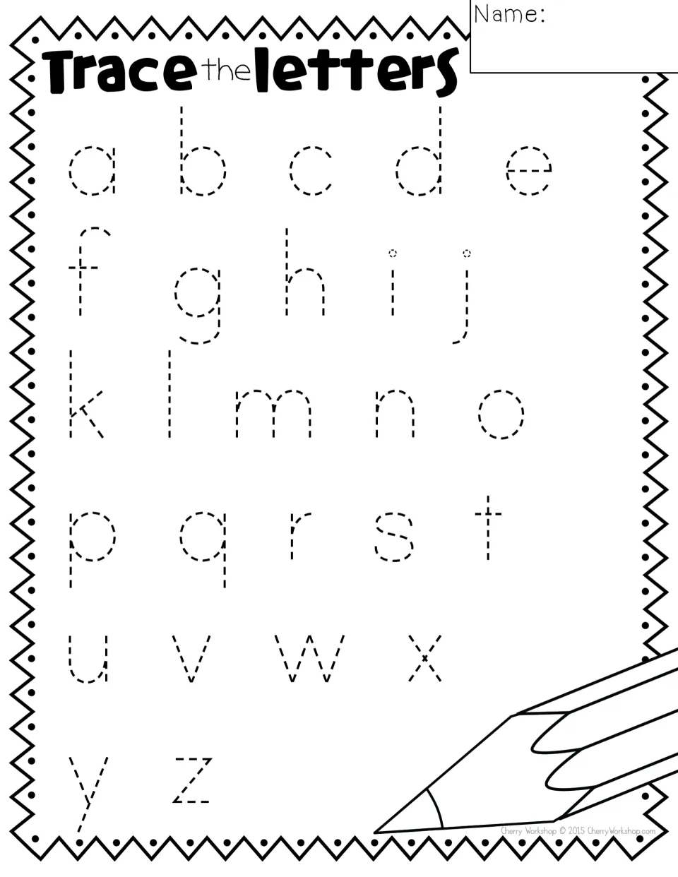 Lowercase alphabet tracing sheet featuring all 26 letters from a to z under 'Trace the letters'.