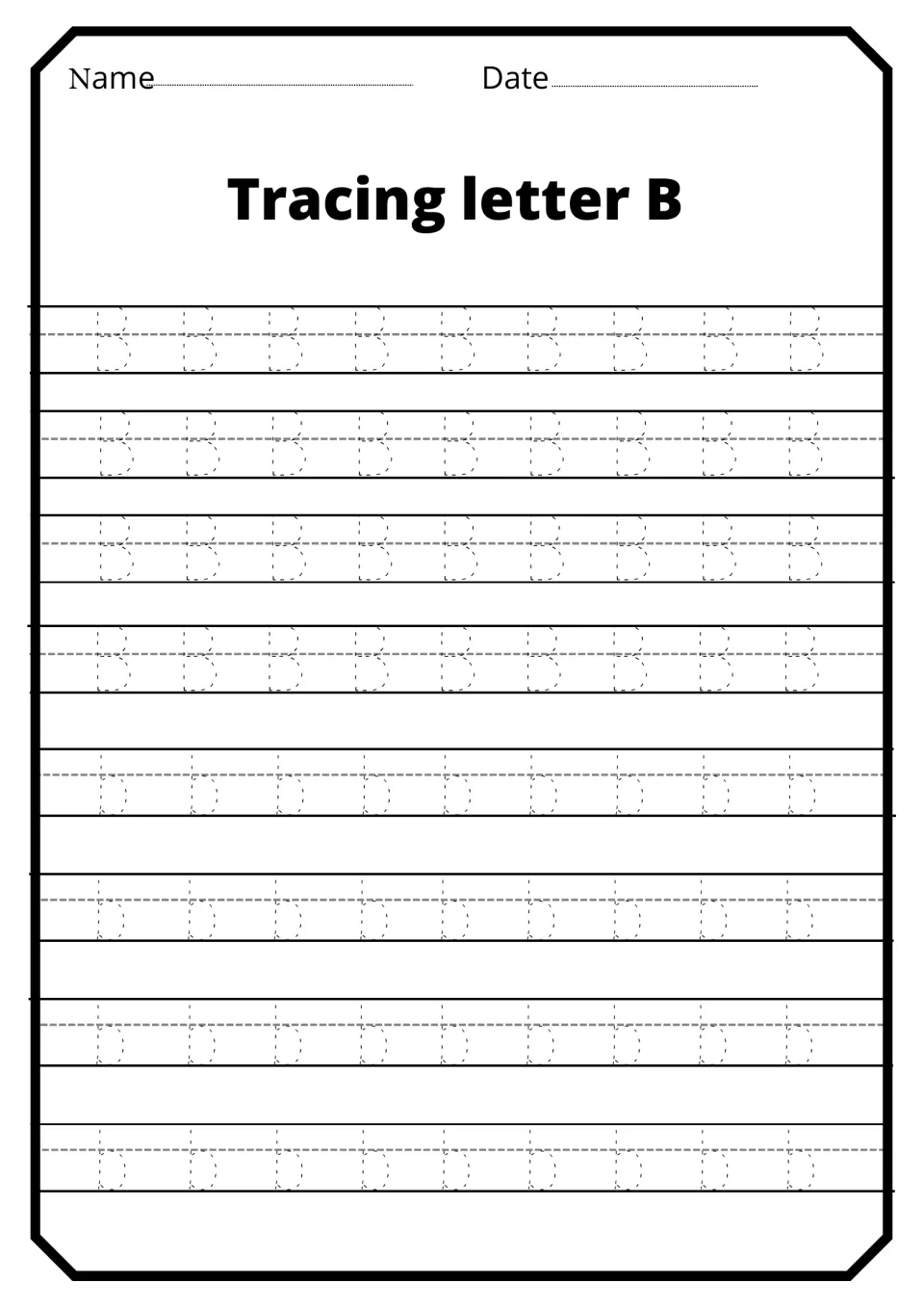 Tracing letter B: four rows of dotted uppercase B, then four rows of dotted lowercase b for students to trace