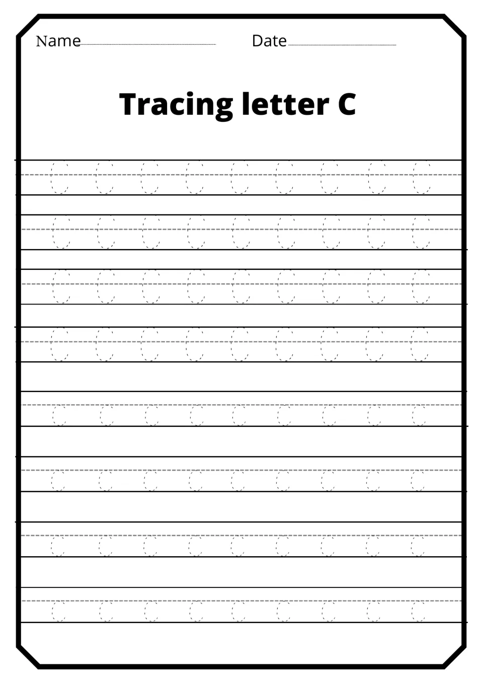 Tracing letter C: children follow dotted capital C and small c shapes across eight rows, practising curved letter strokes