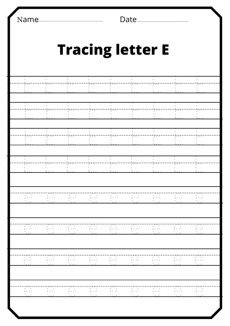 Tracing letter E: handwriting practice where students trace rows of dotted capital E, then rows of dotted lowercase e