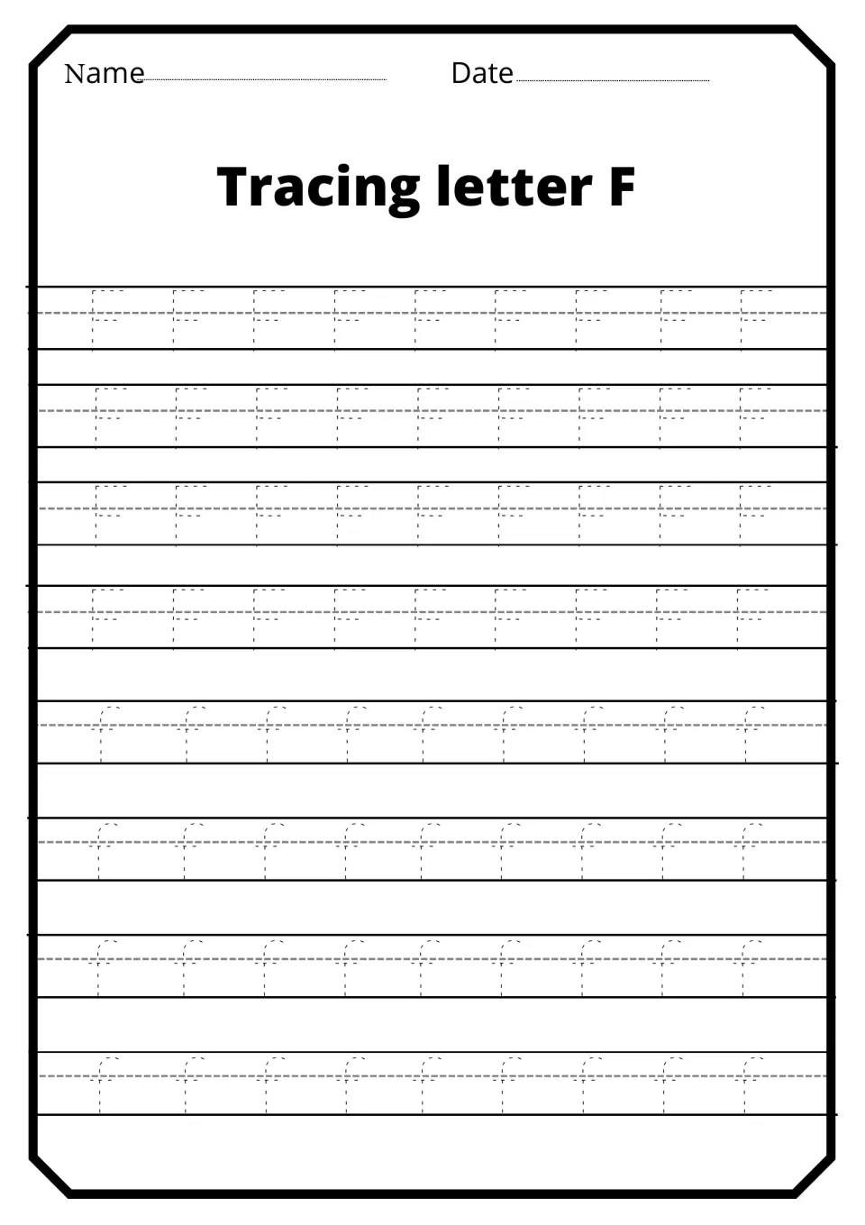 Tracing letter F: children trace dotted capital F and lowercase f, nine per row across eight rows, to practise letter shapes
