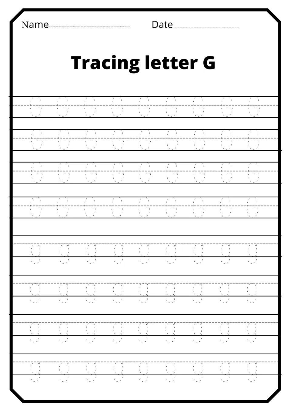 Tracing letter G: students trace dotted uppercase G and lowercase g, whose tail drops below the line, for handwriting
