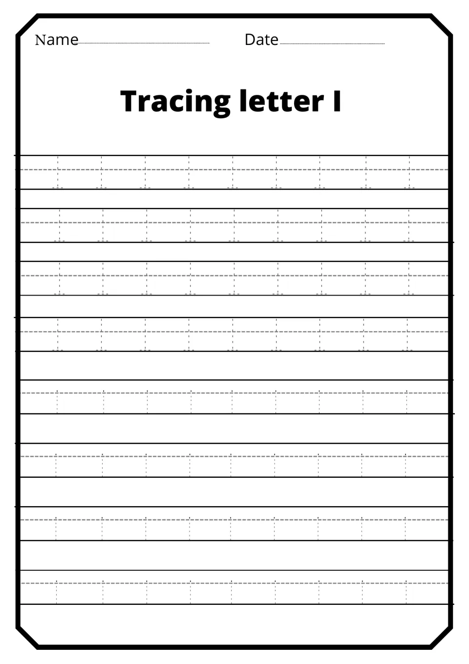 Tracing letter I: students trace dotted capital I with top and bottom bars, then dotted lowercase i strokes