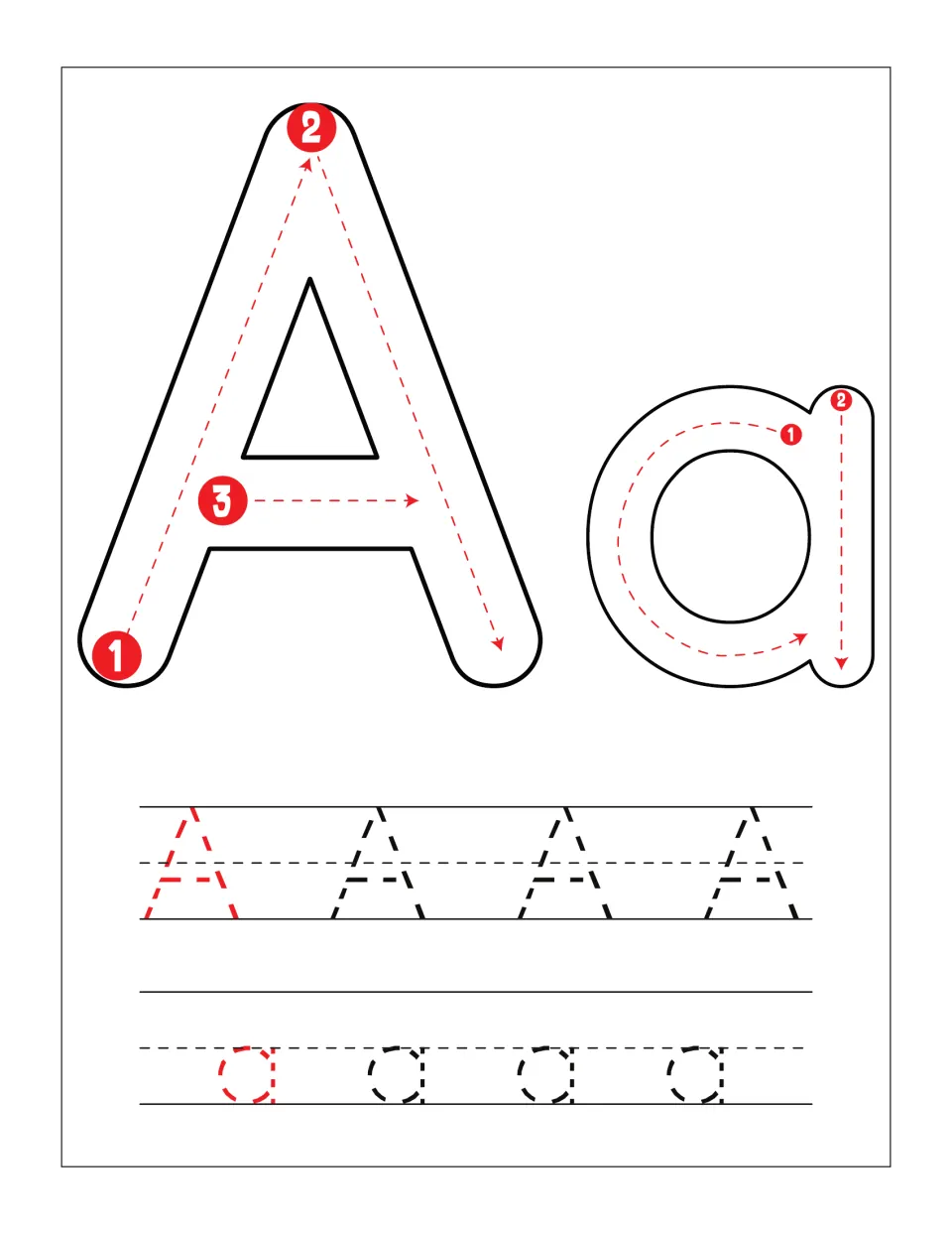 Letter A formation: students follow numbered stroke arrows on big A and a, then trace rows of dotted capitals and lowercase