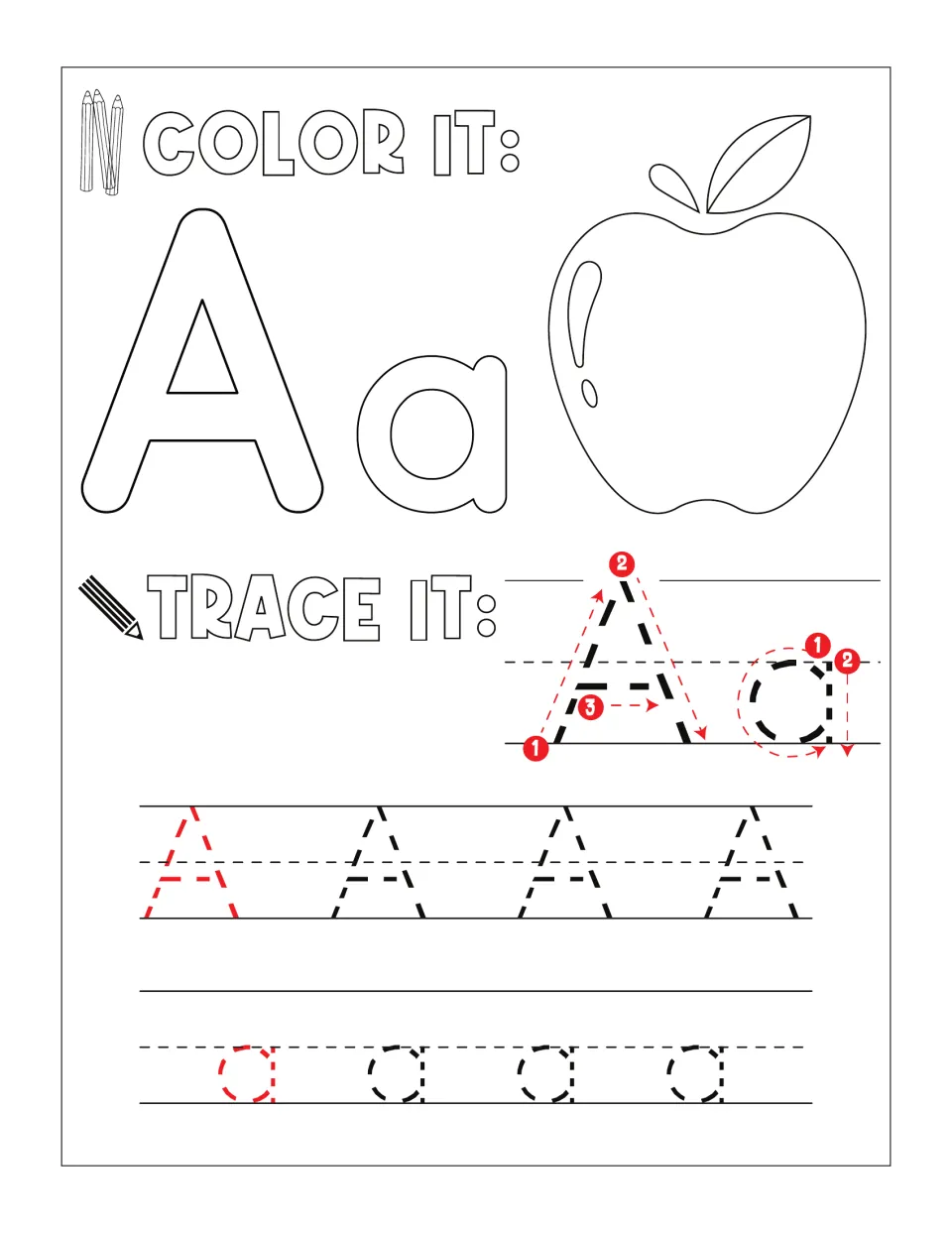 Letter A color and trace: students color bubble Aa and an apple, then trace Aa by stroke number and dotted rows of A and a