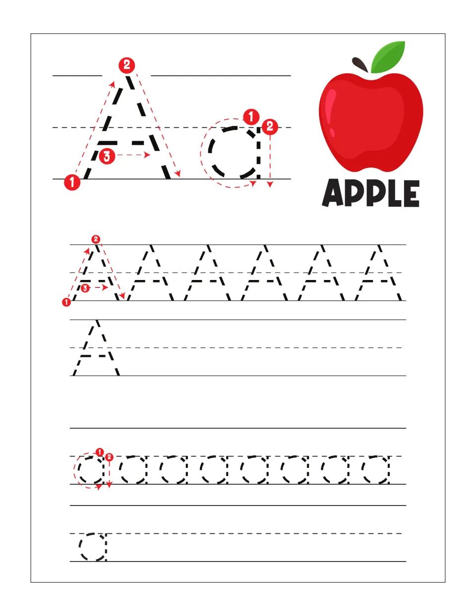 Letter A handwriting with APPLE picture: students trace dotted A and a along guided rows, then copy each letter on its own