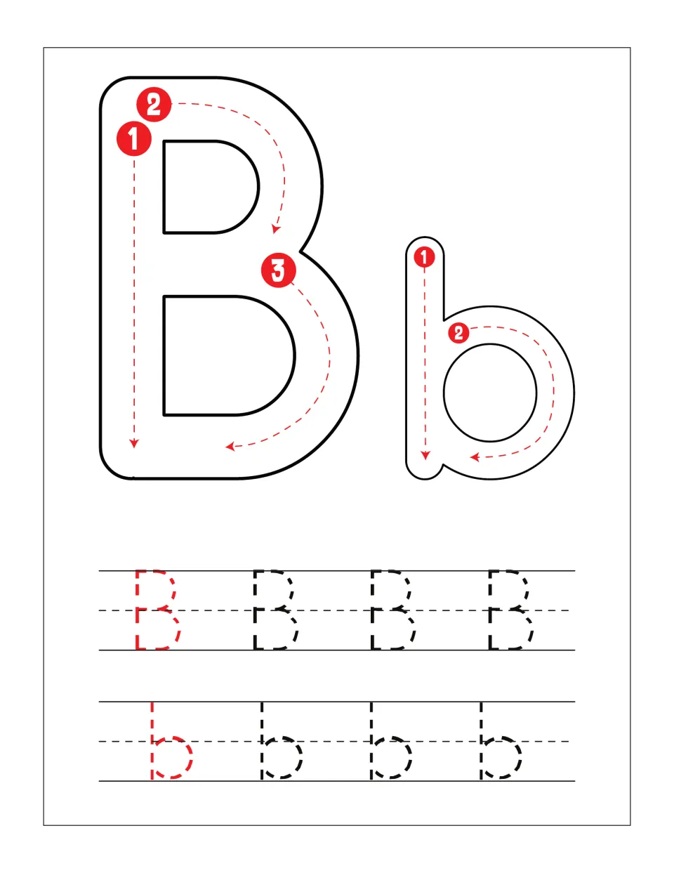 Letter B formation: students follow numbered stroke arrows on big B and b, then trace rows of dotted capitals and lowercase
