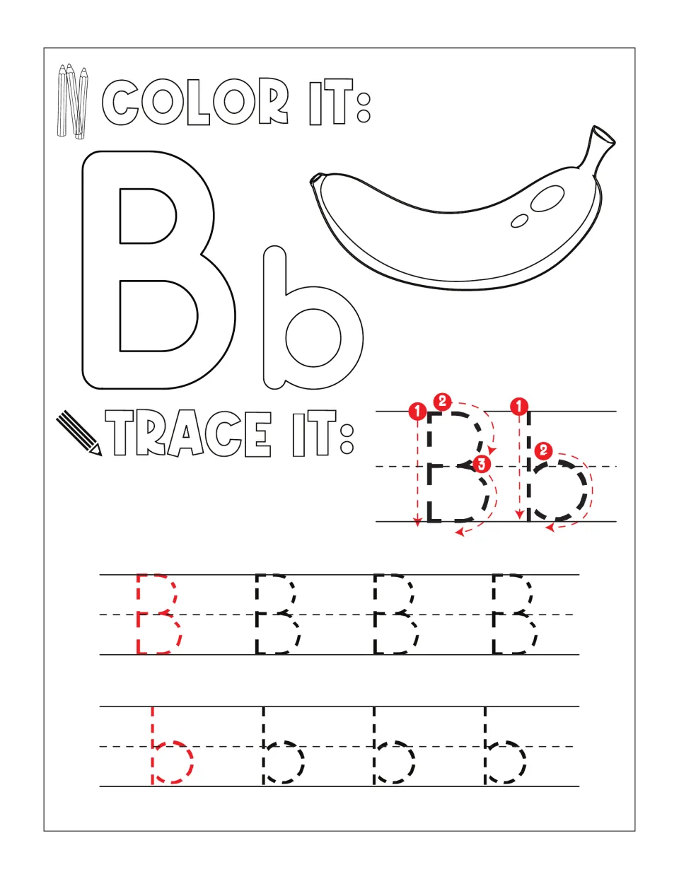 Letter B color and trace: students color bubble Bb and a banana, then trace Bb by stroke number and dotted rows of B and b