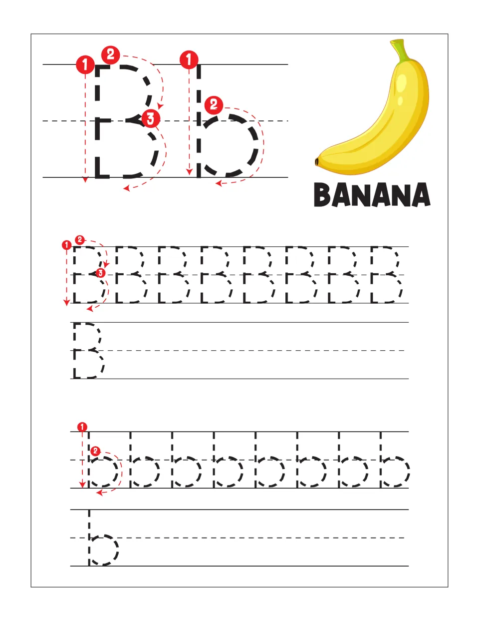 Letter B handwriting with BANANA picture: students trace dotted B and b along guided rows, then copy each letter on its own