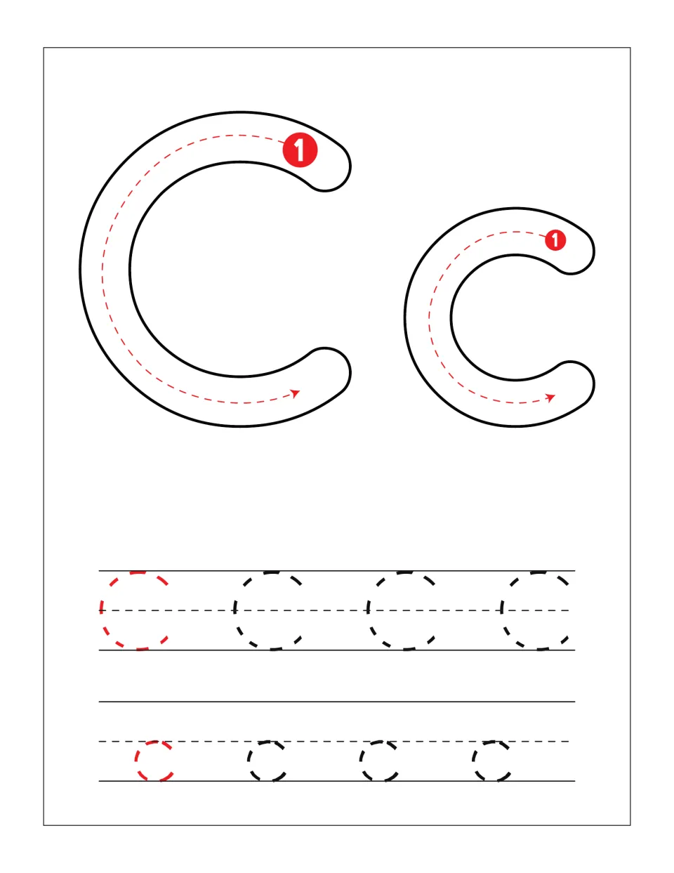 Letter C formation: students follow the single curved red stroke arrow on big C and c, then trace rows of dotted C and c