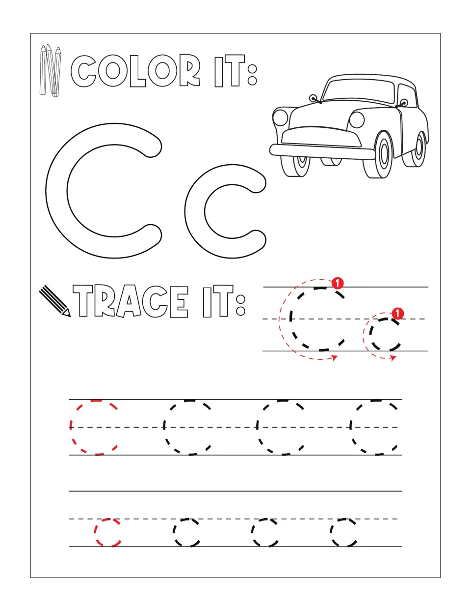 Letter C color and trace: students color bubble Cc and a car, then trace Cc by stroke arrow and dotted rows of C and c