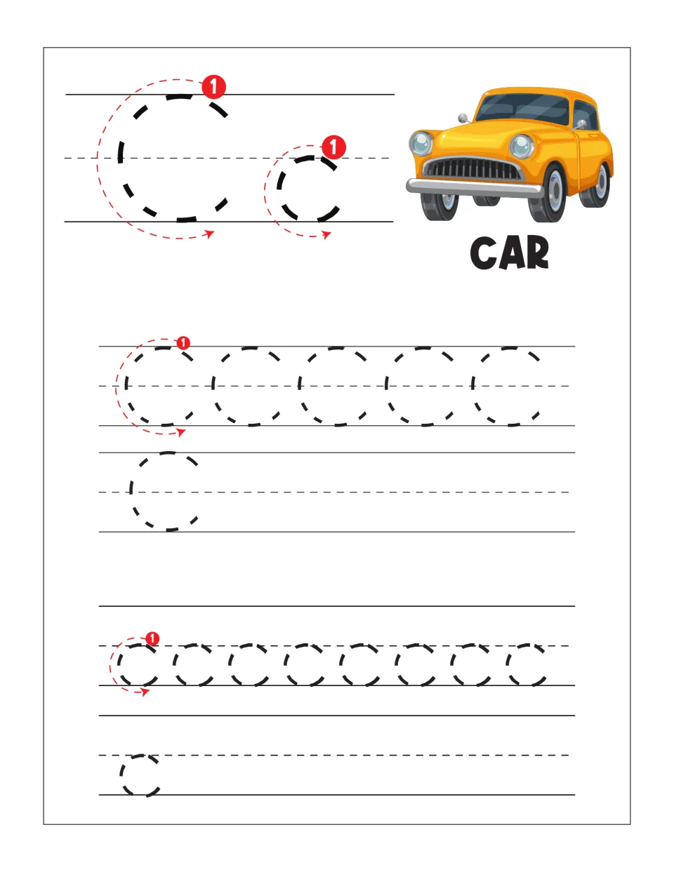 Letter C handwriting with CAR picture: students trace dotted C and c along guided rows, then copy each letter on its own