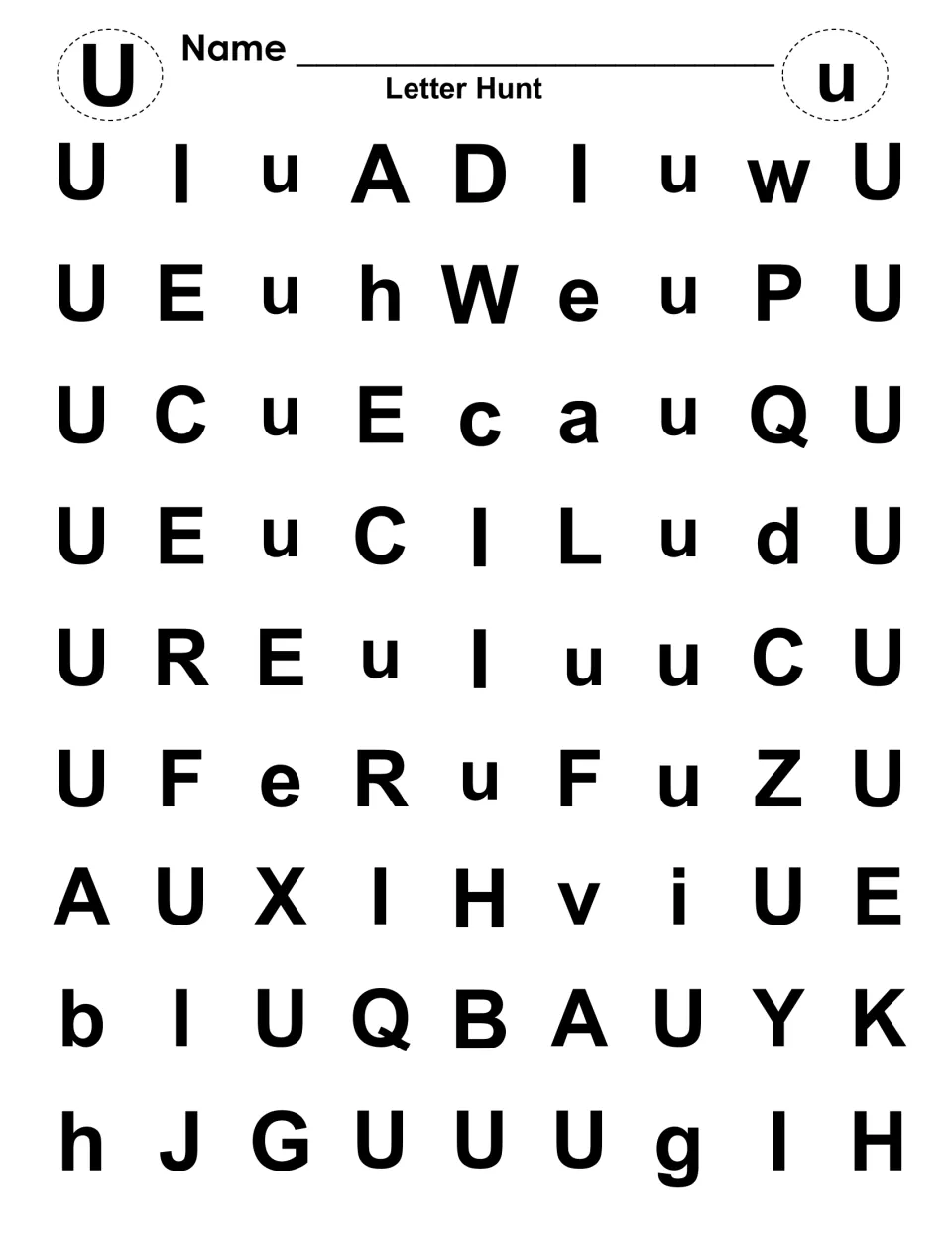 Letter hunt for U and u: students find and color capital U and lowercase u among mixed letters to tell them apart