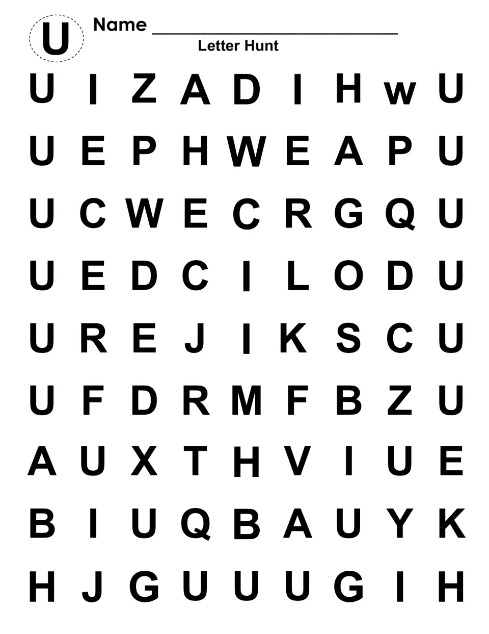 Capital U letter hunt: students search rows of uppercase letters and color every U to practise visual letter recognition