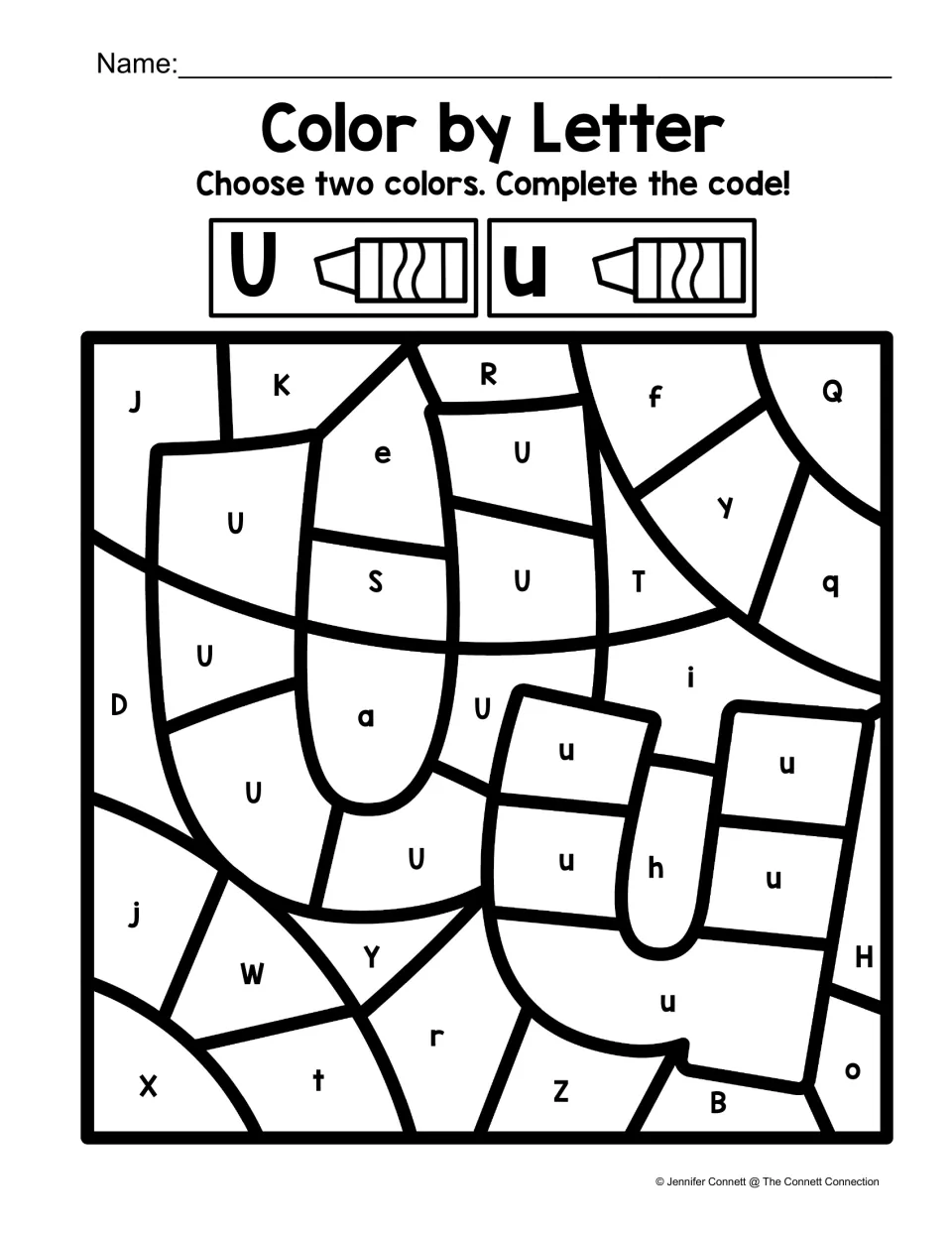 Letter U coloring activity featuring large uppercase U and lowercase u shapes, with a separate color for each
