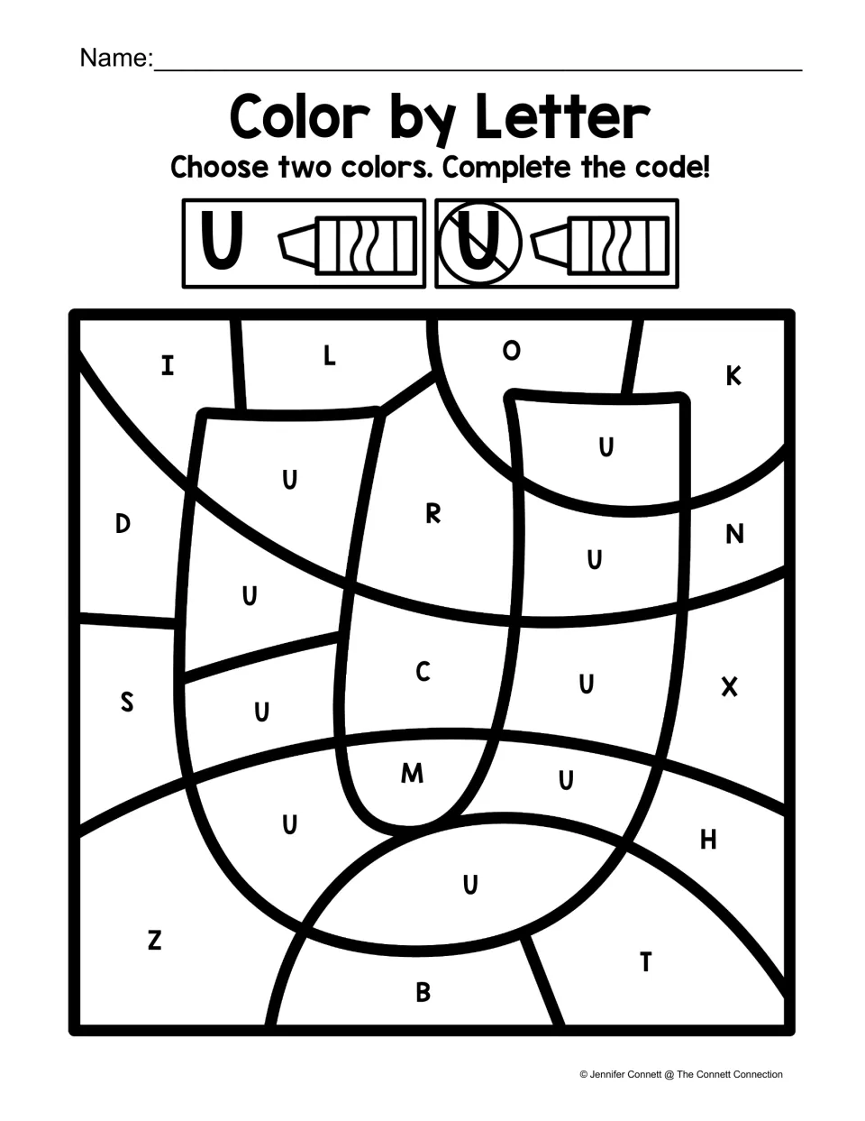 Uppercase U color-by-letter activity featuring a large U shape, using two colors for U and other letters