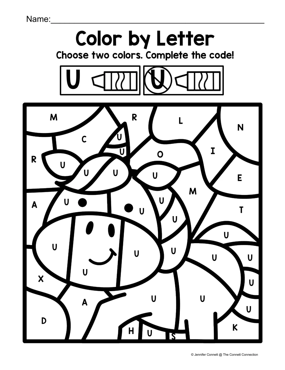 Uppercase U color-by-letter activity featuring a unicorn, using one color for U and another for other letters