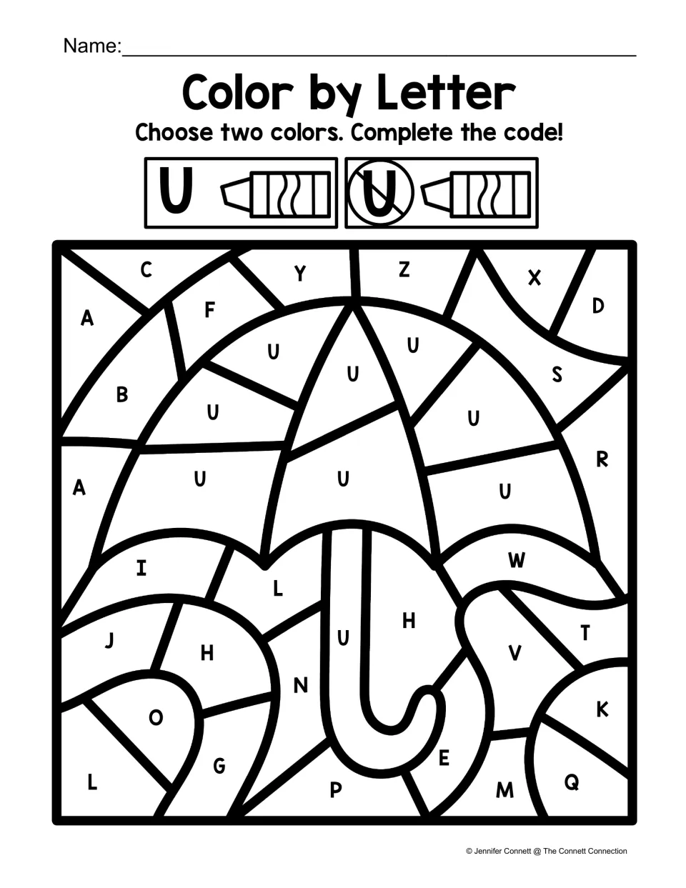 Uppercase U color-by-letter activity featuring an umbrella, using two colors to separate U from other letters