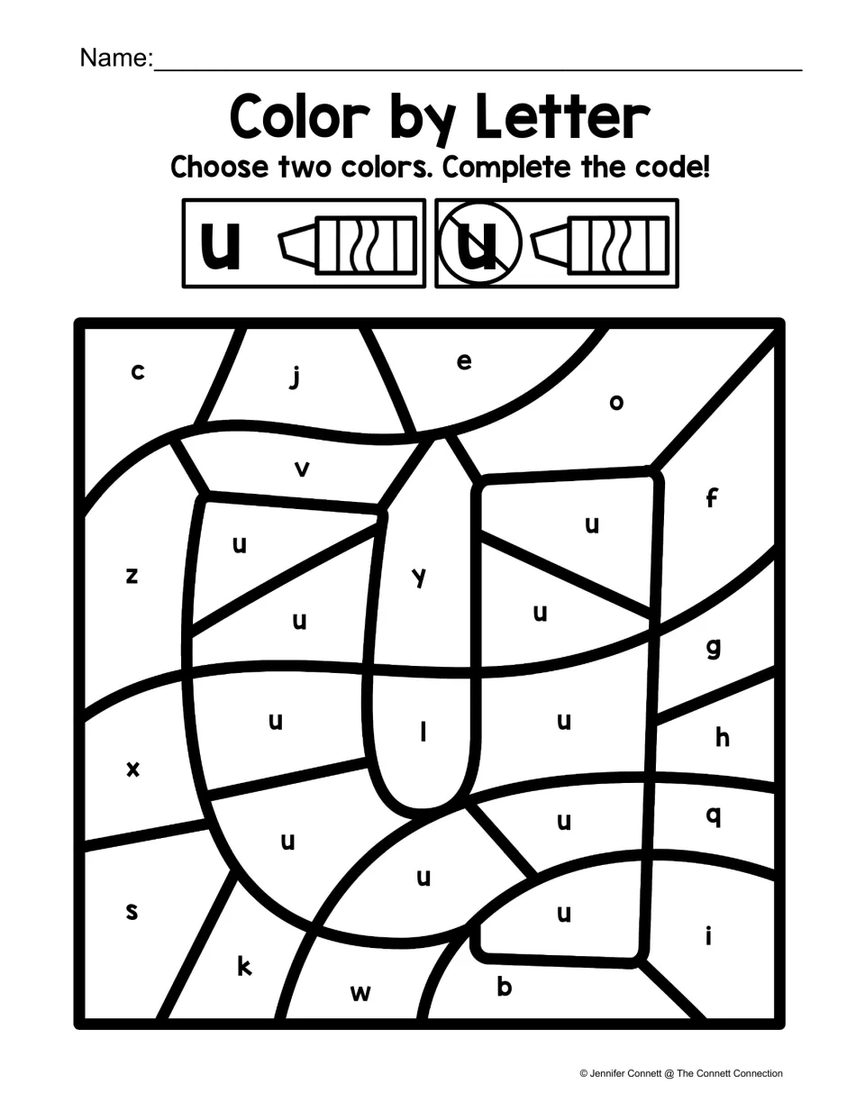 Lowercase u color-by-letter activity featuring a large u shape, using two colors for u and other letters