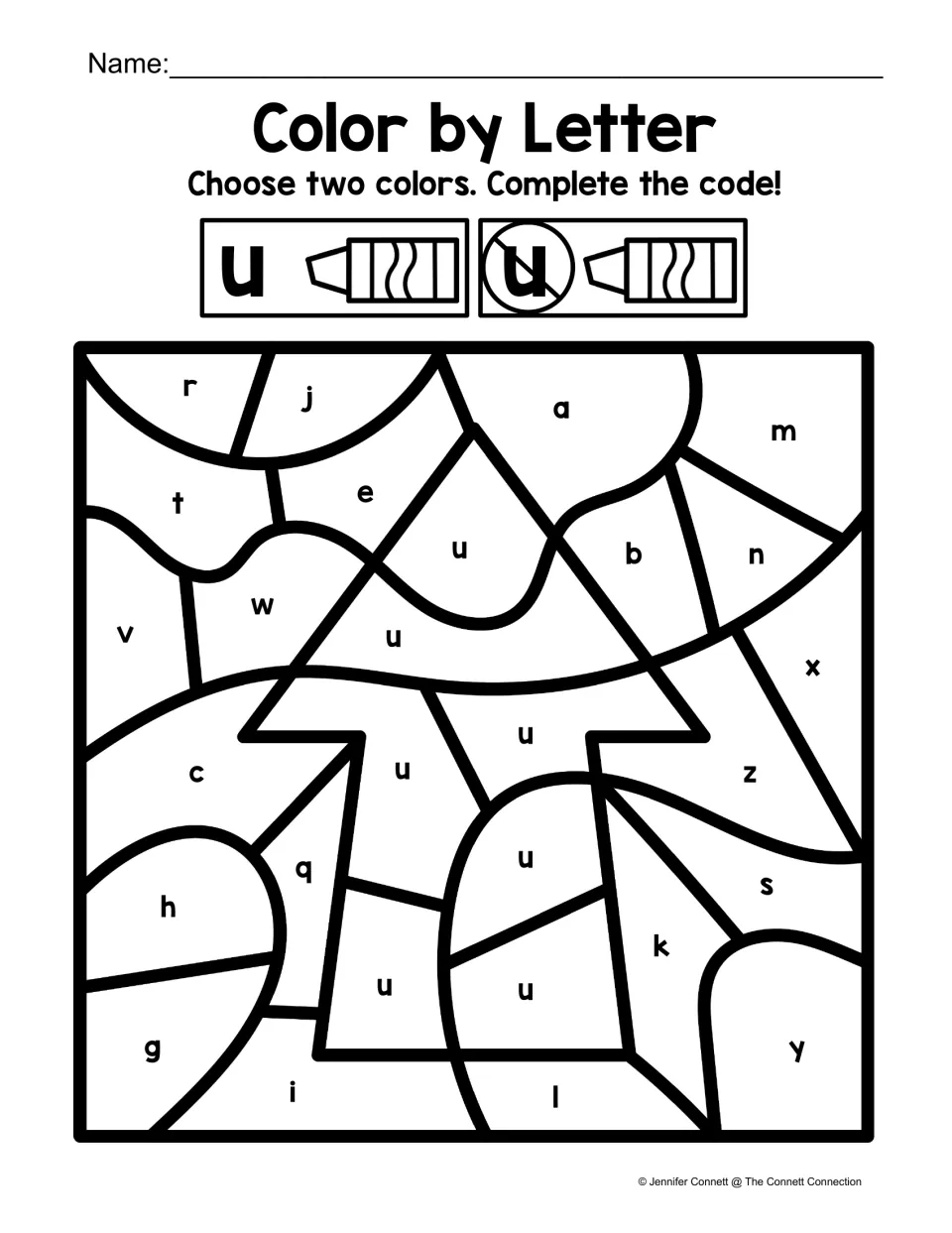 Lowercase u color-by-letter activity featuring an upward arrow, using two colors for u and other letters