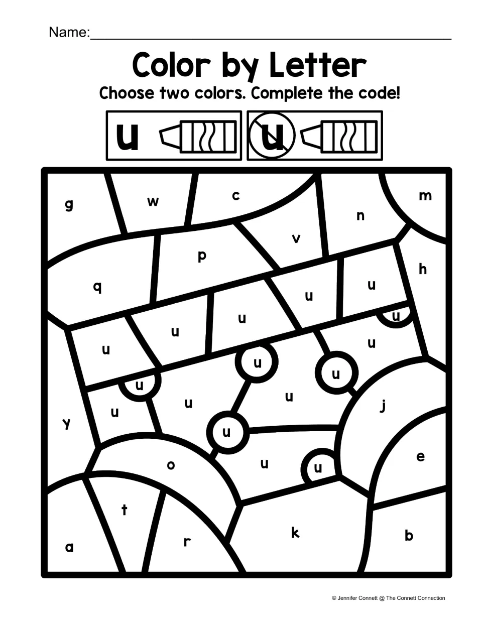 Lowercase u color-by-letter activity featuring underwear, using two colors to separate u from other letters