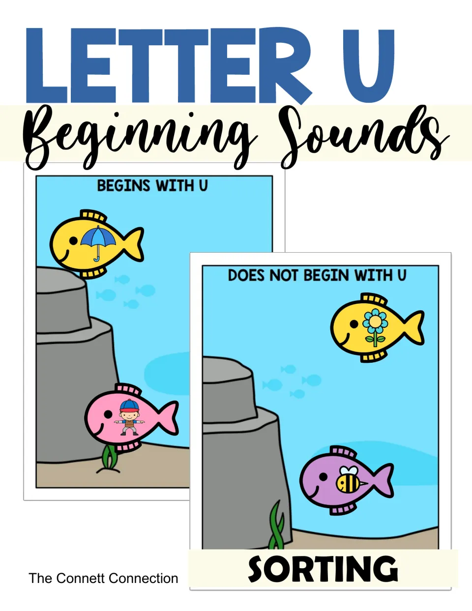 Letter U Beginning Sounds sorting cover: fish picture cards on two ocean mats, Begins With U and Does Not Begin With U