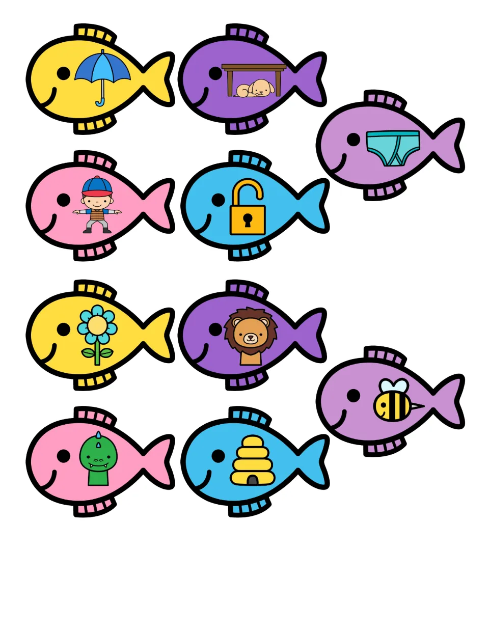 Fish picture cards to cut out: umbrella, underwear and unlock mixed with flower, lion, bee and beehive for sorting