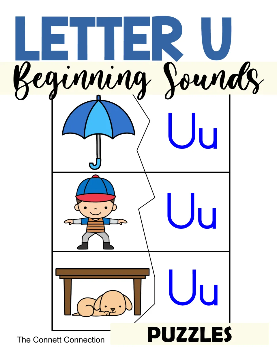 Cover of Letter U Beginning Sounds Puzzles: two-piece cards pair an umbrella, a boy and a dog under a table with Uu