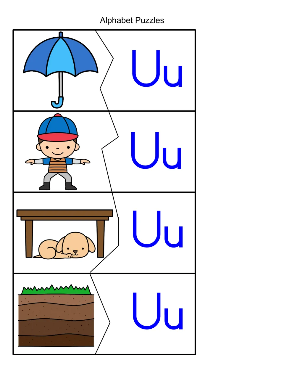 Letter U sound matching: students join each Uu piece to its picture, umbrella, umpire, dog under a table and underground