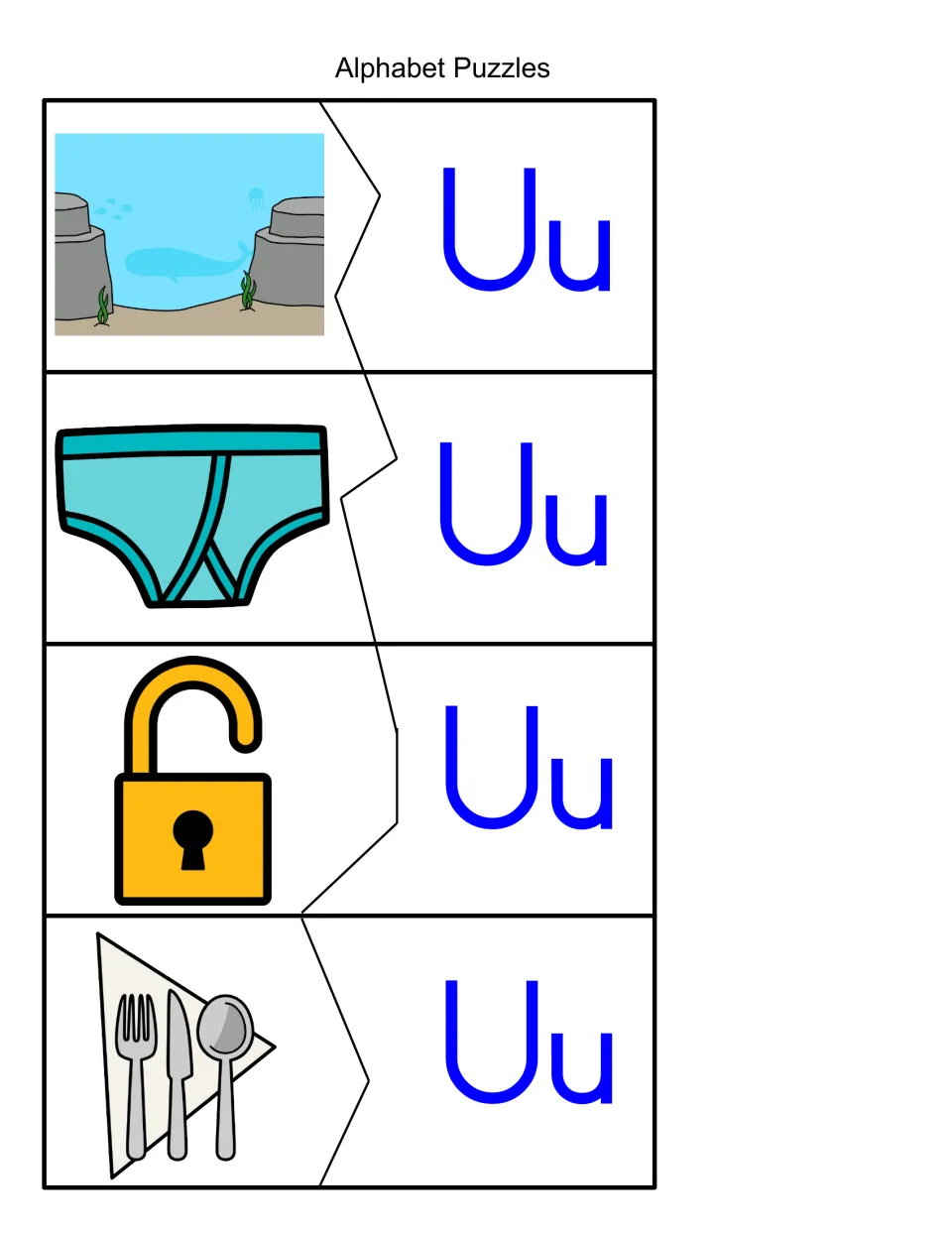 Second U puzzle set: students match Uu pieces to an underwater scene, underwear, an unlocked padlock and utensils