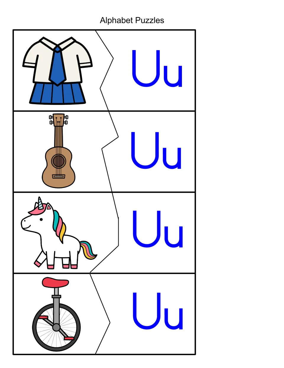 Long u picture puzzles: students fit each Uu piece to its image of a uniform, a ukulele, a unicorn and a unicycle