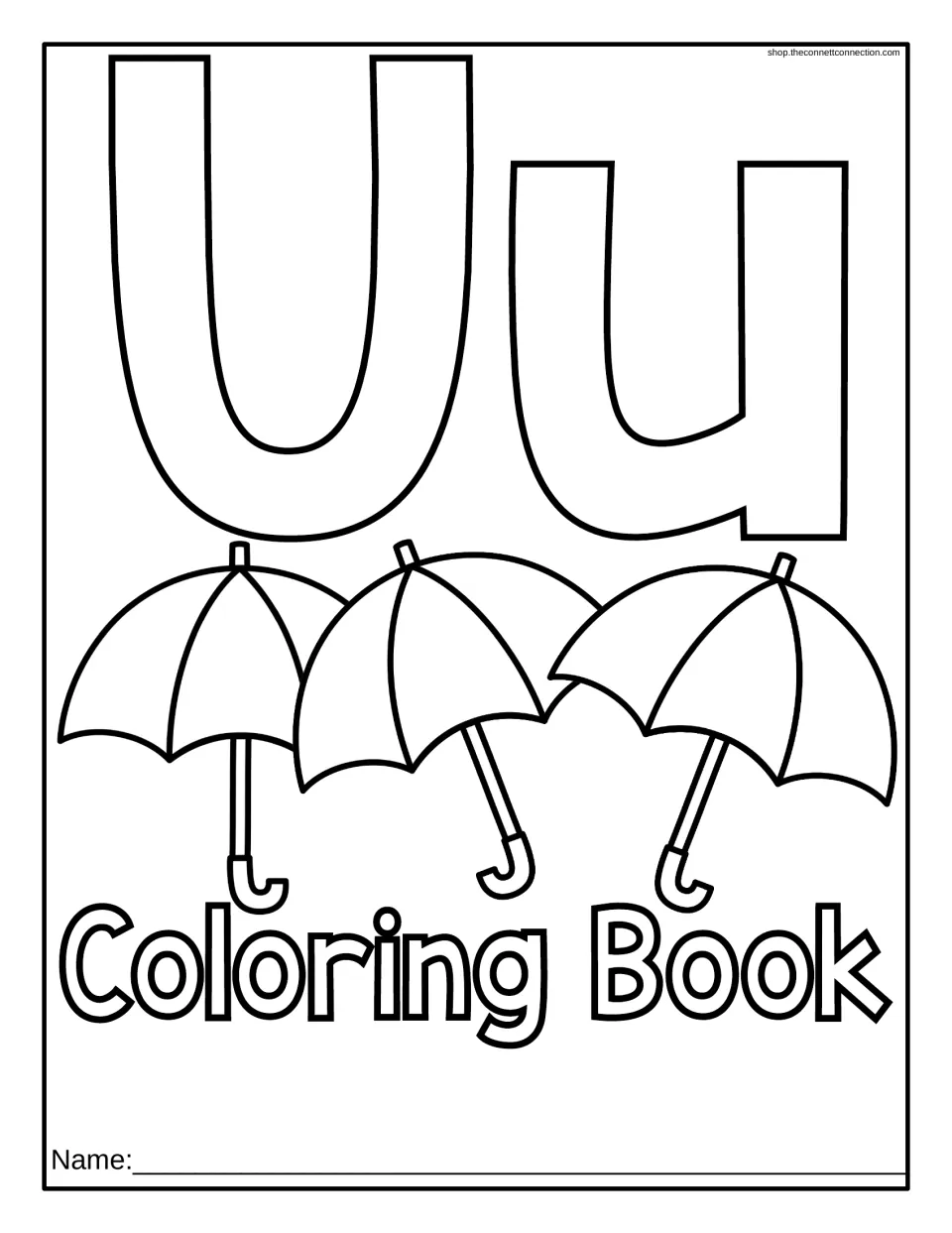 Letter U coloring book cover featuring uppercase U, lowercase u, three umbrellas, and a space for a name
