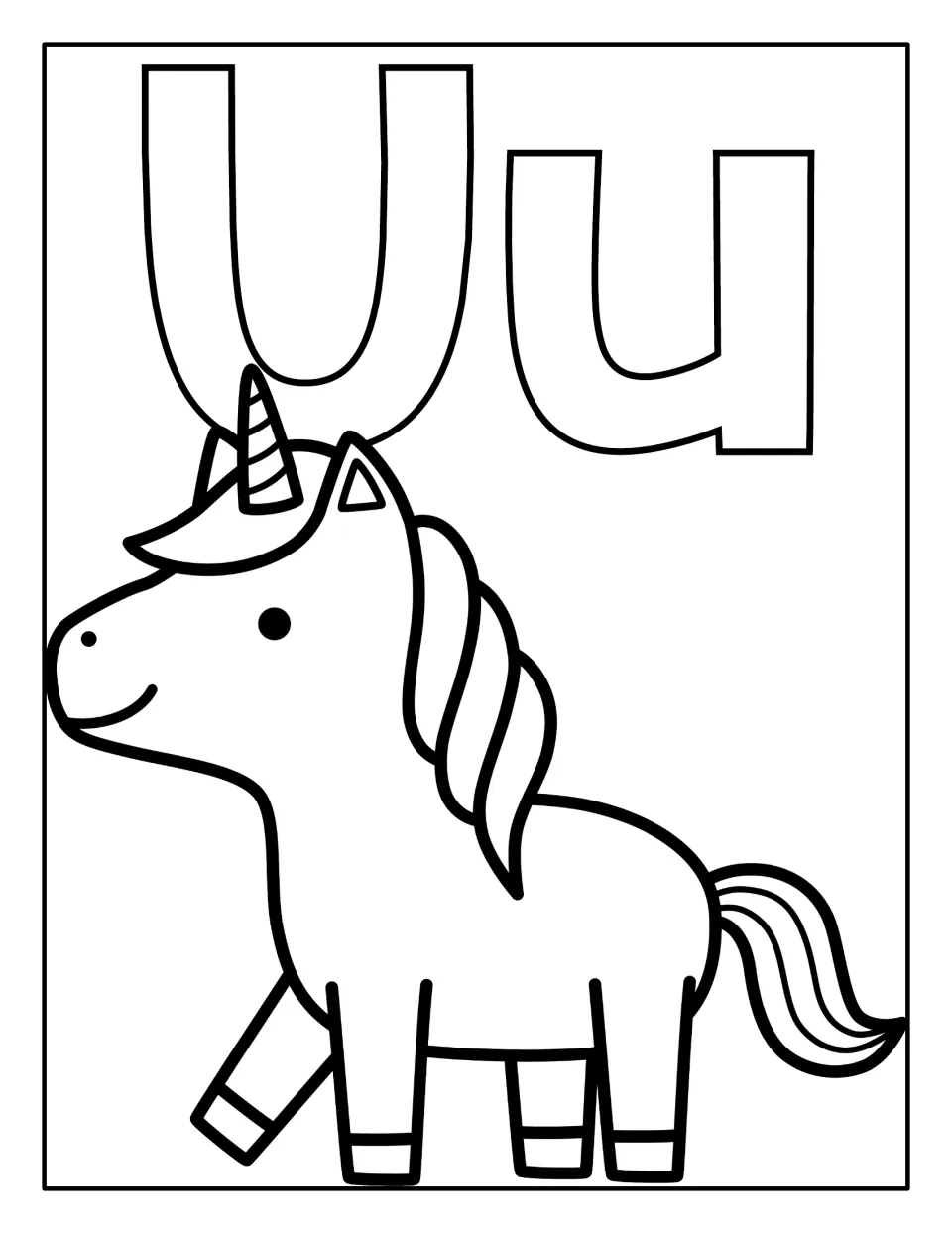 Letter U coloring book page pairing uppercase U and lowercase u with one large unicorn to color