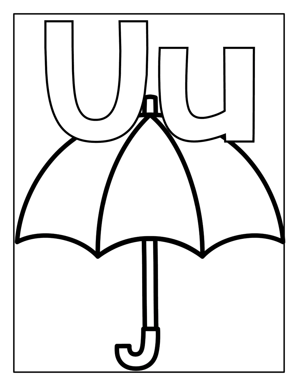 Letter U coloring book page pairing uppercase U and lowercase u with one large umbrella to color