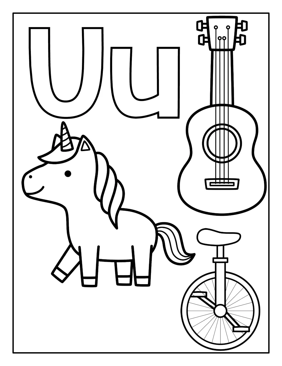 Letter U coloring book page featuring uppercase U, lowercase u, a unicorn, a ukulele, and a unicycle