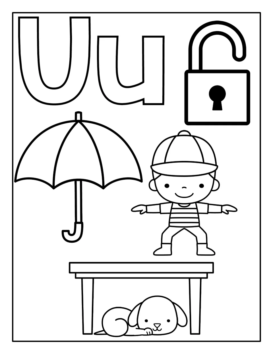 Letter U coloring page: U and u, umbrella, unlocked padlock, child above a table, and dog under it