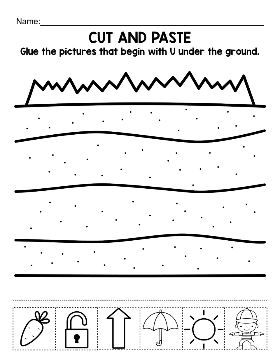 Beginning sound U: students cut out pictures such as umbrella, up arrow, carrot and sun and glue U words under the ground