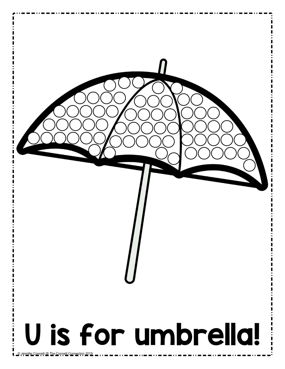 U is for umbrella: students dot paint the circles on an open umbrella to practise the letter U and its beginning sound