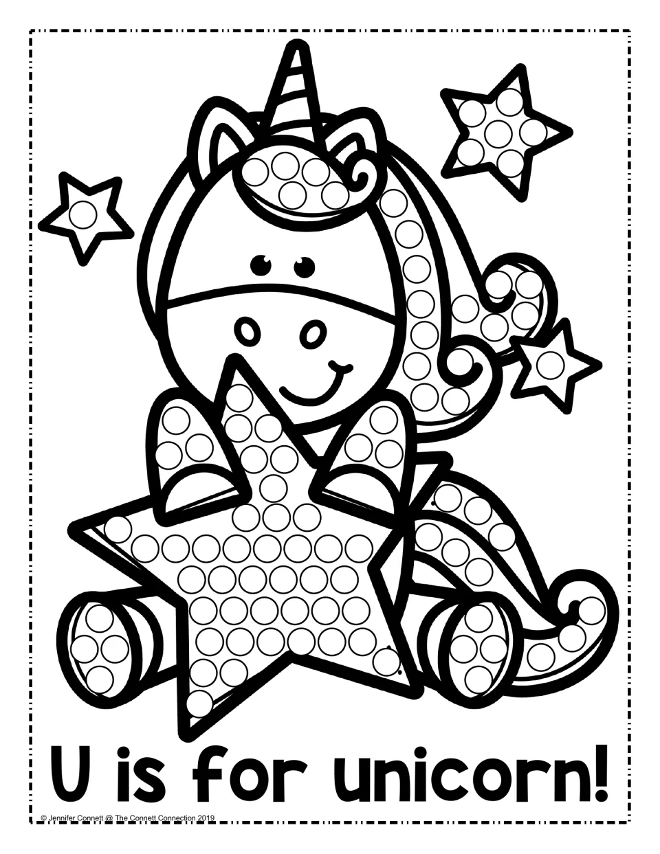 U is for unicorn: students dot the circles on a smiling unicorn hugging a star, with small stars around it, for letter U