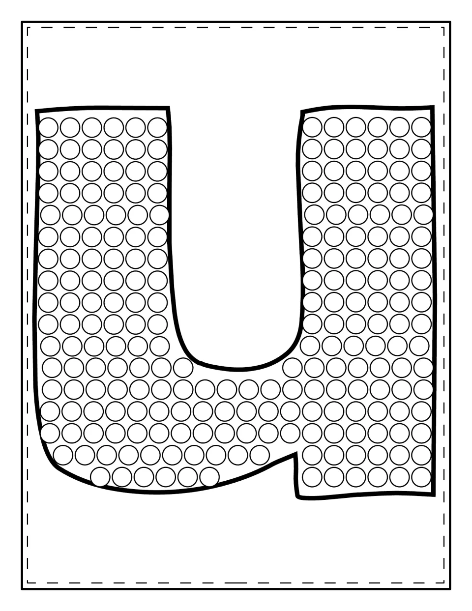 Lowercase u shape filled with circles for students to dot paint, building recognition of the small letter form