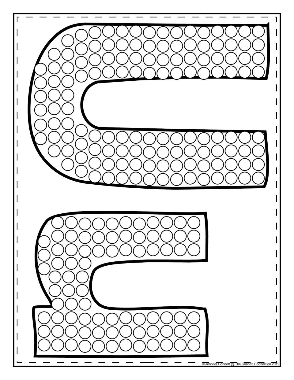 Two sideways U shapes, one large and one smaller, each filled with circles for students to dot paint as letter practice