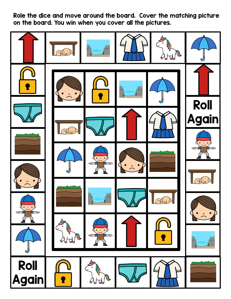 Letter U board game in color: students roll, move and cover matching umbrella, unicorn, uniform and up arrow pictures