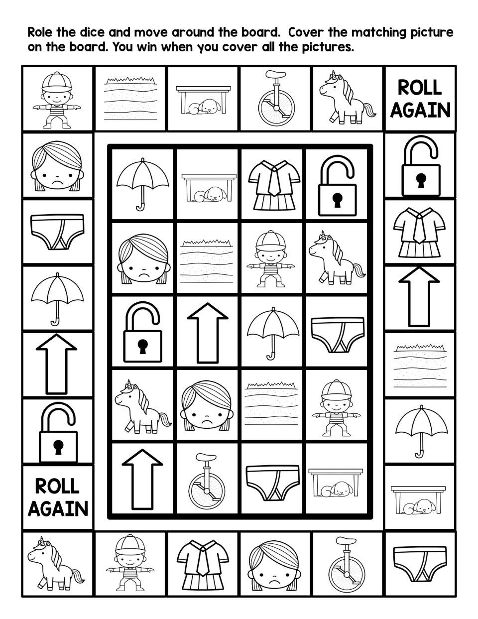 Black-and-white version of the U board game: players roll, move and cover matching unicycle, umbrella and unicorn pictures