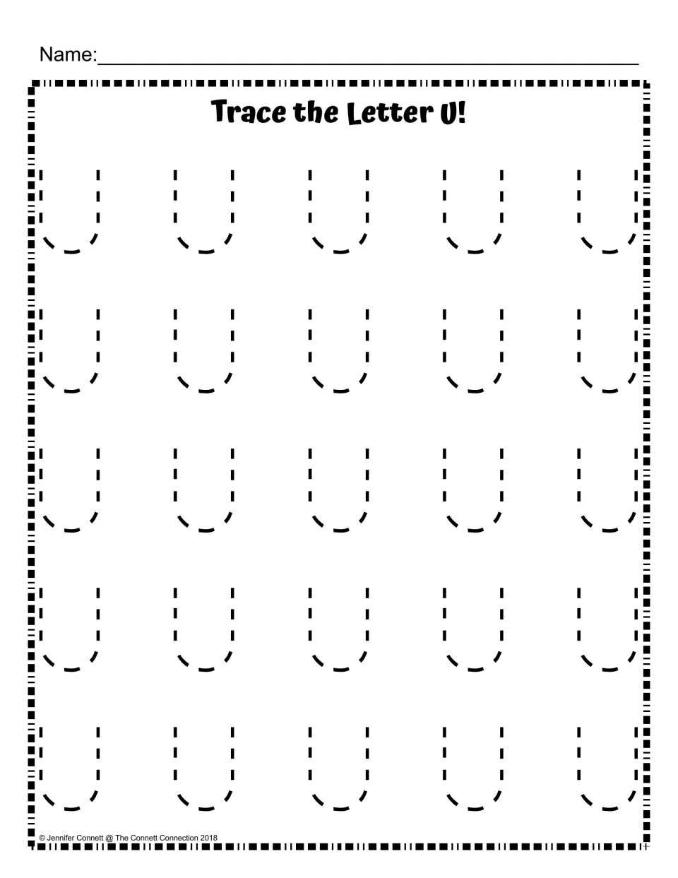 Capital U tracing: students trace 25 dotted uppercase U letters in five rows to practise forming the letter