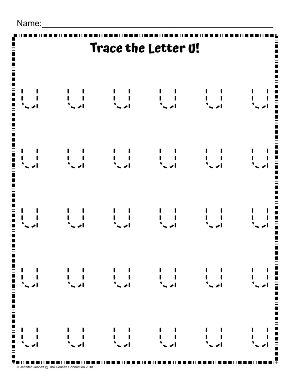 Lowercase u tracing: students trace 30 dotted lowercase u letters in five rows to practise forming the small letter