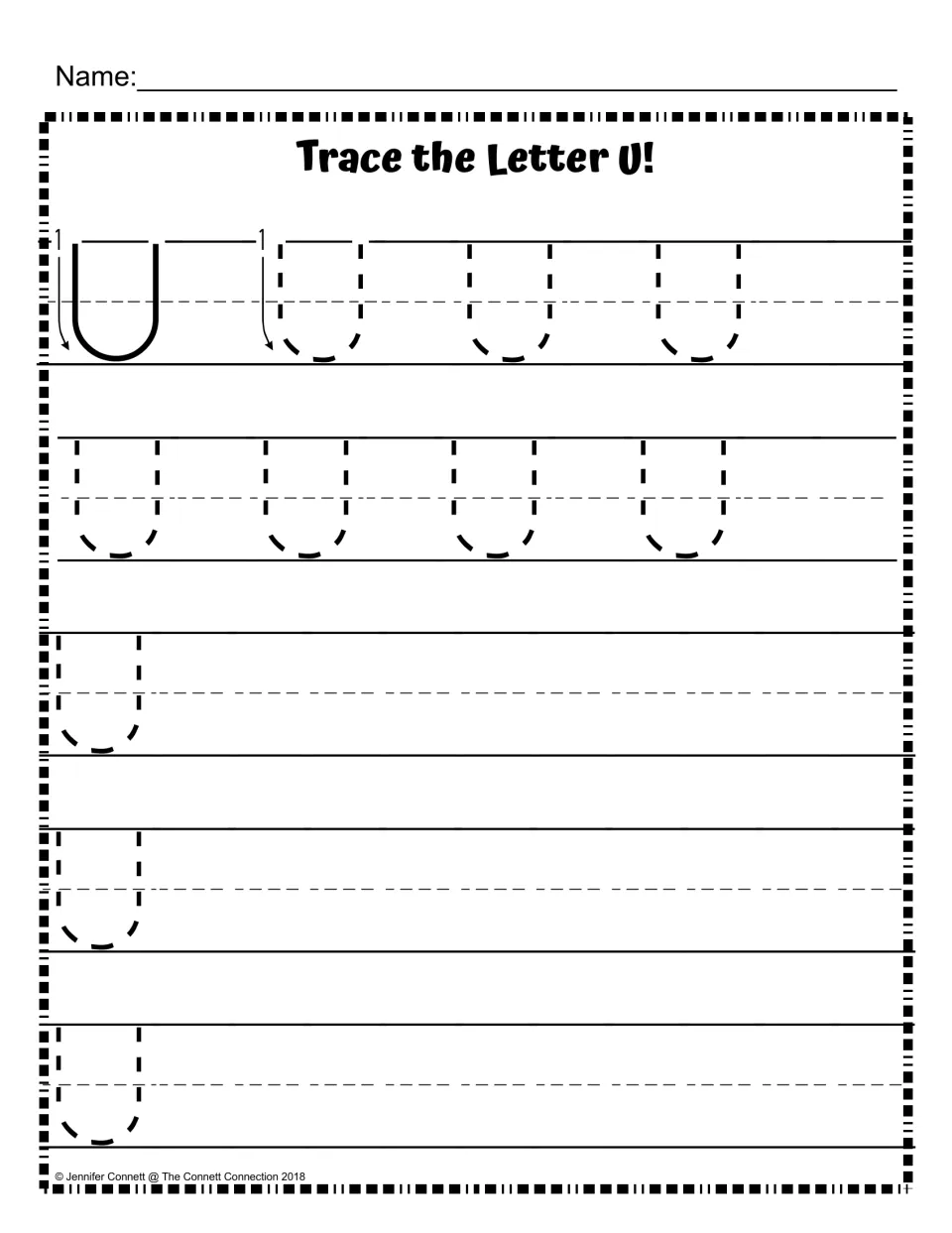 Uppercase U handwriting: a stroke model with arrow, dotted U letters to trace, then rows to write U independently