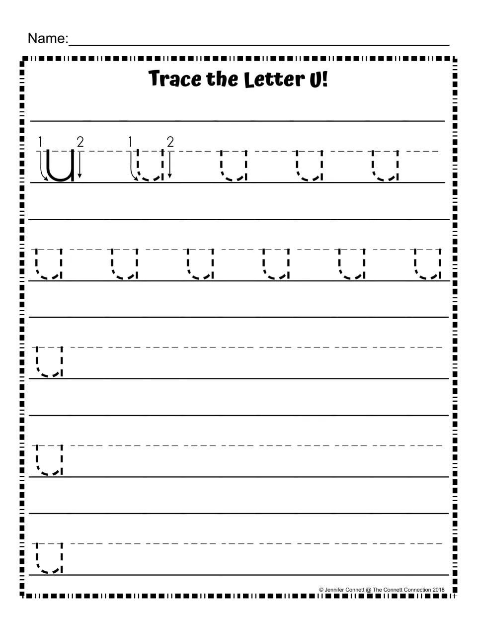 Lowercase u formation: two-stroke model with numbered arrows, dotted u letters to trace, then rows to write u alone
